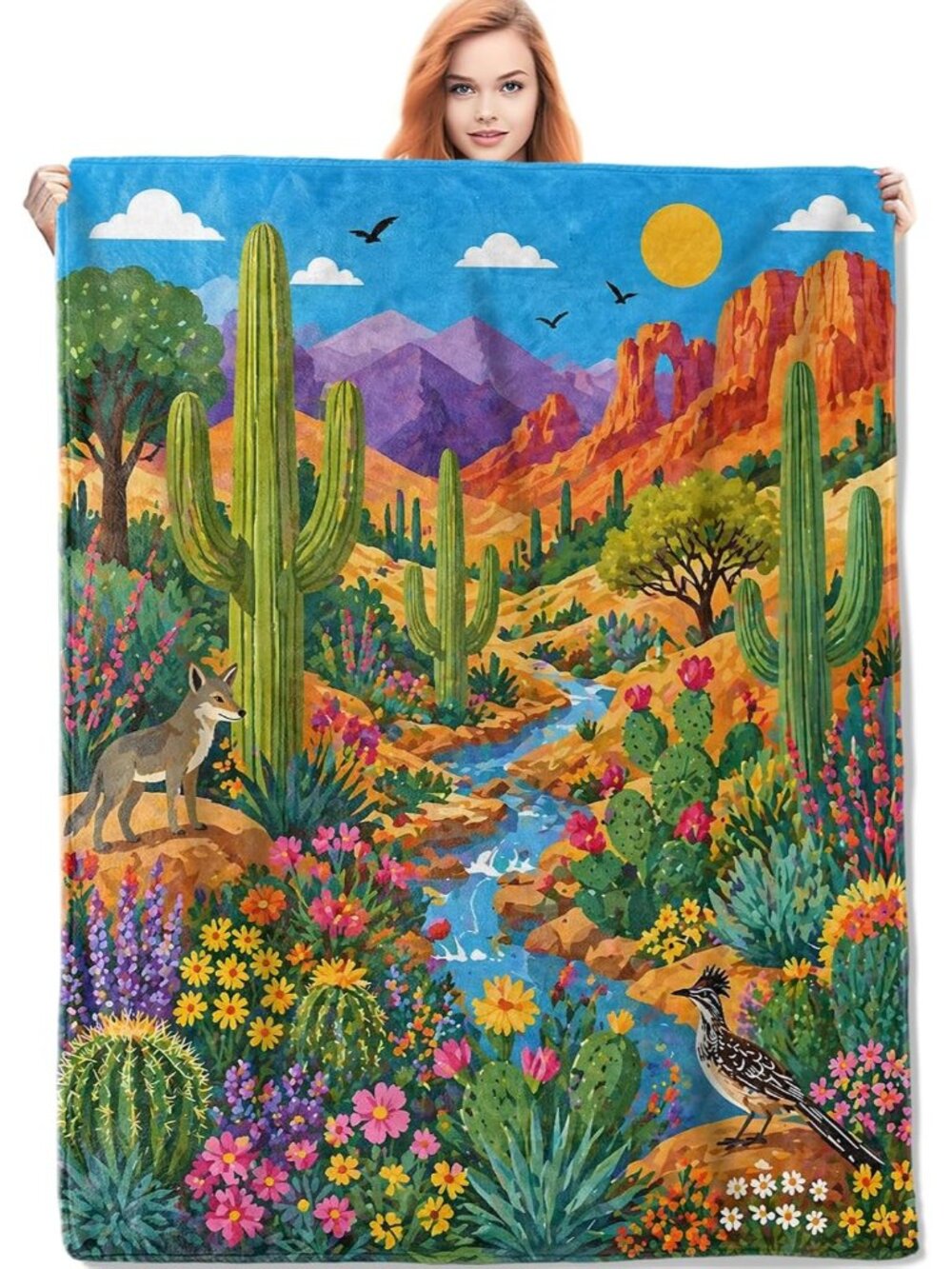 Desert Cactus Southwest Blanket, 50"x60", Cozy Flannel Throw Blankets for Kids &